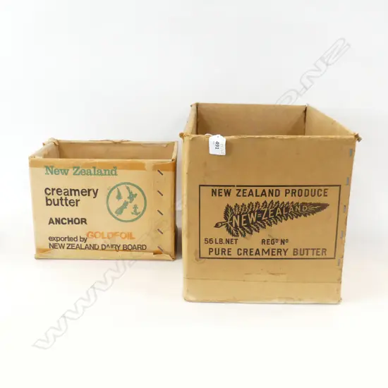 TWO VINTAGE NZ “CREAMERY BUTTER” ADVERTISING CARDBOARD BOXES L.40CM L.28CM