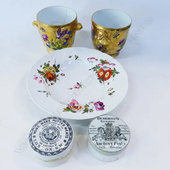 ANTIQUE H/PAINTED CHAMBERLAINS BOWL 260mm dia + 2 VICTORIAN PASTE CONTAINERS 90mm dia + PR GILDED POTS (REPAIRED)