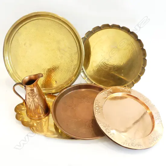 6 J.SANKEY & SONS ENGLISH ARTS & CRAFTS CHARGES, BRASS & COPPER , LRG BRASS LAP TRAY & ARTS & CRAFTS PITCHER