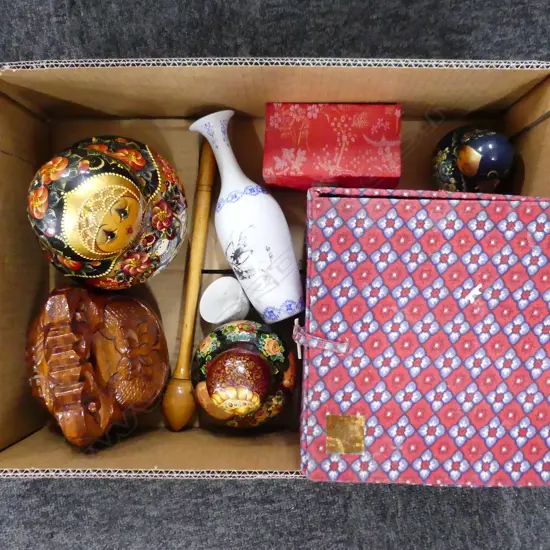 BOX LOT 3 RUSSIAN MATRYOSHKA DOLLS, 2 CHINESE VASES ETC