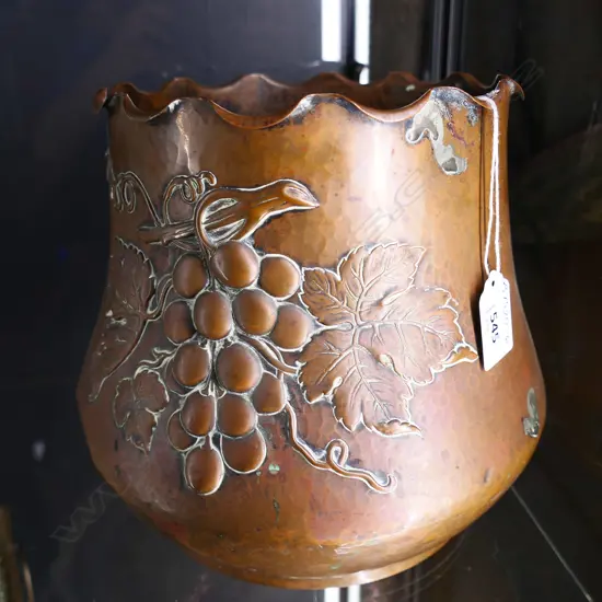 LRG FRENCH COPPER PLANTER WITH IMPRESSED GRAPE DETAIL