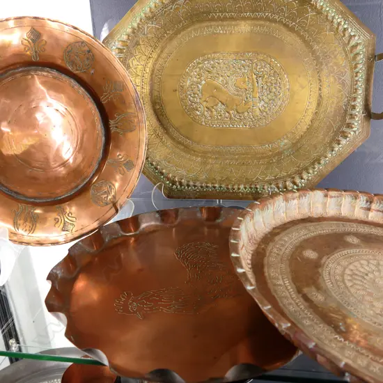 4 COPPER & BRASS CHARGERS, ENGLISH & MID EASTERN