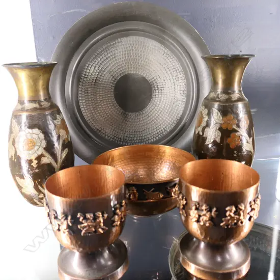 HUNGARIAN MID CENTURY COPPER BOWL & GOBLETS, MODERN PEWTER CHARGER & 2 INDIAN ENAMELED VASES 