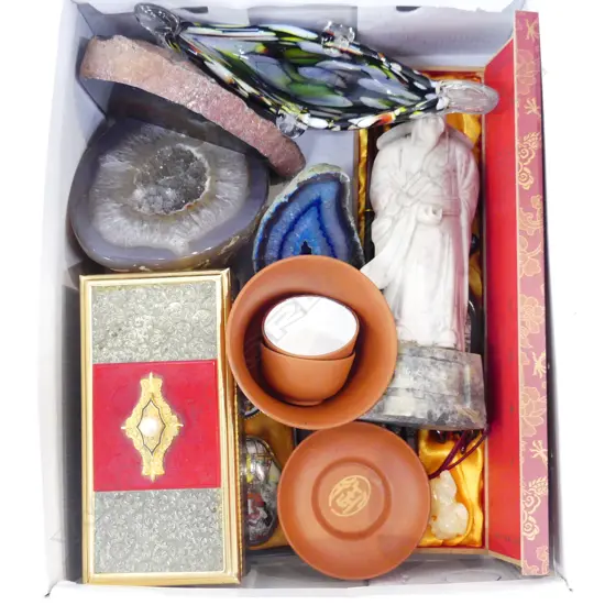 BOX LOT ASST. ORIENTAL ITEMS, POLISHED STONES ETC