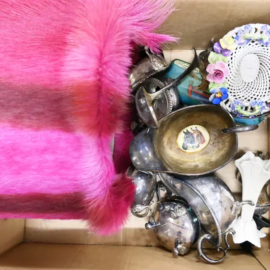 BOX LOT ASST. SILVER PLATE, PINK FUR LAMPSHADE ETC