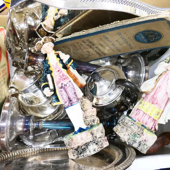 BOX LOT ASST. SILVER PLATE INCL. TRAY 380x280mm, PR FIGURES, MAPS ETC