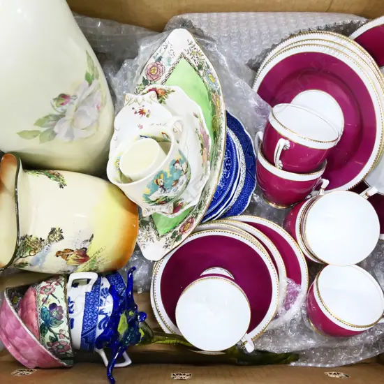 BOX ASST. QUALITY CHINA; MALING, DOULTON, WILLOW, R. ALBERT TEA SET ETC