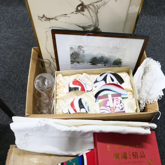 BOX LOT CHINESE COFFEE CUPS, LINENS, ARTWORKS ETC