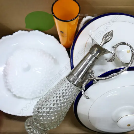 BOX LOT, INCLDS HOGLUND ART GLASS VASE, LAMP, JUG w SILVER-LOOK TOP, FENTON WARE & 2 ENG PORCELAIN SERVING DISHES