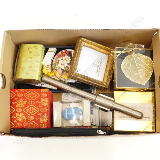 BOX LOT ASST.; FRAME, WALLET, WINE THERMOMETER ETC