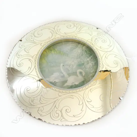 FRAMELESS CONVEX MIRROR w SWAN PICTURE IN CENTRE. Dia. 400mm