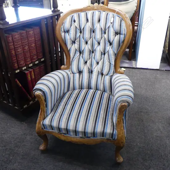 GRANDFATHER CHAIR; STRIPED VELVET UPHOLSTERY