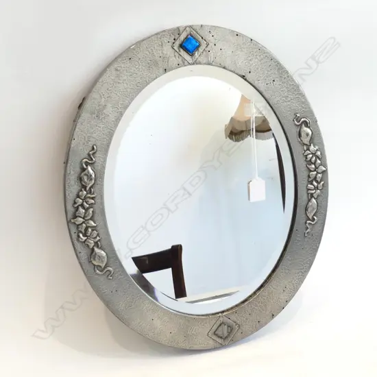 ARTS & CRAFT PEWTER FRAMED MIRROR w ENAMEL DIAMOND DETAIL (1 missing) H.480mm.