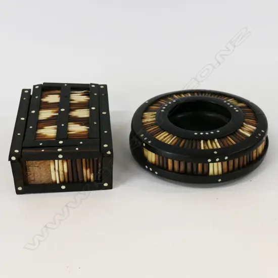 2 ANTIQUE PORCUPINE QUILL PCES; INK WELL 135mm dia & BOX W.130mm (FAULTS)