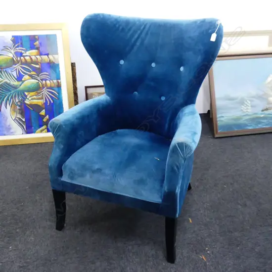 BLUE VELVET WINGBACKED ARMCHAIR