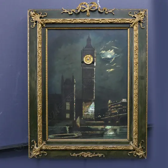 VINTAGE BIG BEN PAINTING w. MECHANICAL CLOCK MOVEMENT 670x540mm overall