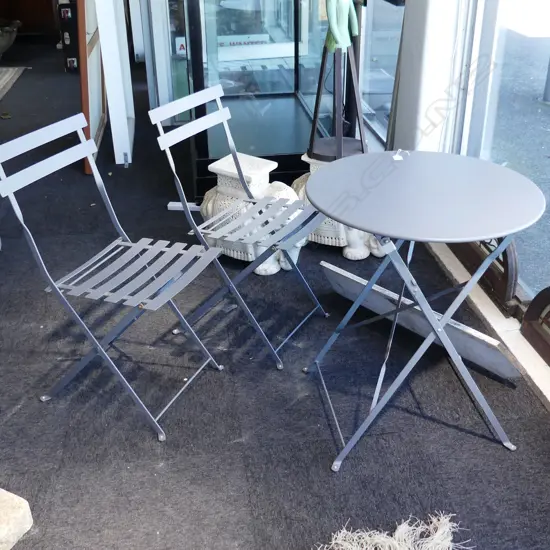 3 PCE GREY METAL PATIO SET: TABLE 600mm dia & 2 FOLDING CHAIRS