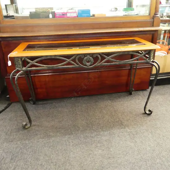 HALL TABLE - IRON BASE, WOODEN TOP w. INSET GLASS PANEL 1220x500x680mm