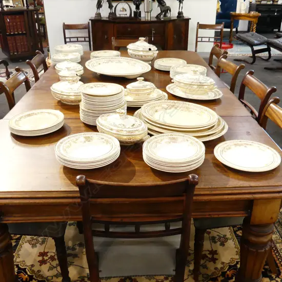 LG WEDGWOOD DINNER SET IVORY w. GOLD PATTERNED RIMS - SOME A/F 110 PCES APPROX