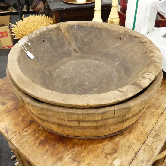 2 LARGE WOODEN BOWLS - DOUGH BIN & HALF BARREL 590mm dia