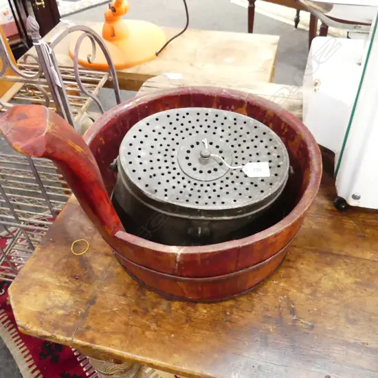 RED PAINTED ORIENTAL BUCKET 375mm dia + ANTIQUE EUROPEAN FISHING BAIT BUCKET