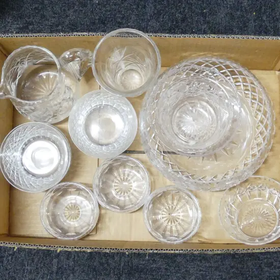 BOX LOT CRYSTAL BOWLS VASES JUG ETC