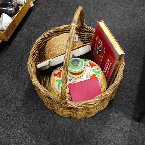 LG WOVEN CANE BASKET + ASST. CONTENTS: HAT, POOLE PLATTER, LIDDED POT, MAO QUOTATIONS BOOKLET