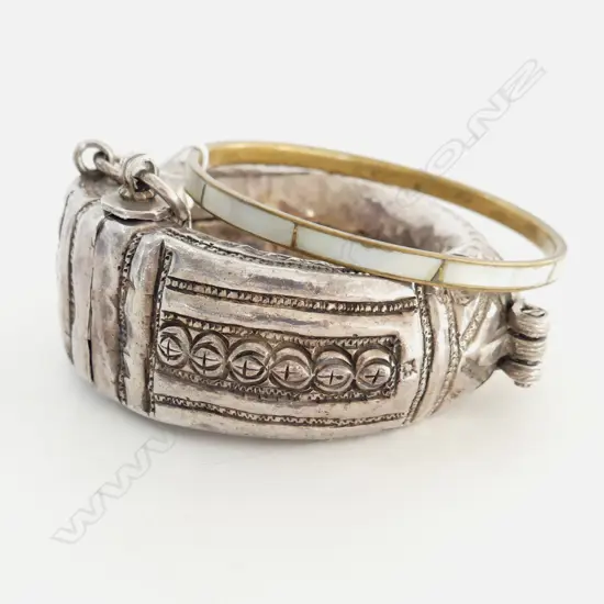 HEAVY TRIBAL SILVER SLAVE BANGLE AND BRASS M.O.P BANGLE