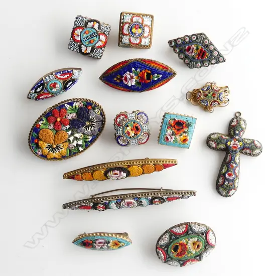 12 MICRO MOSAIC BROOCHES + 2 PENDANTS