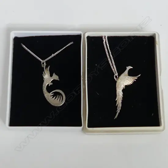 2X RUSSELL MURPHY SILVER PENDANTS: PHOENIX + PHEASANT maker's mark to back 