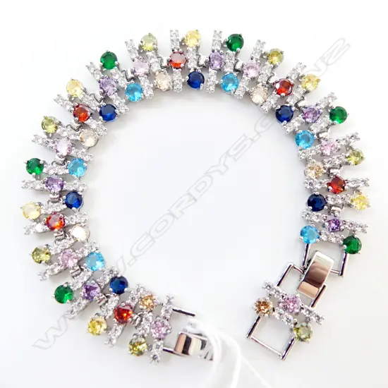 IMPRESSIVE COSTUME BRACELET, MULTI COLOURED STONES w WHITE GOLD LOOK FINISH