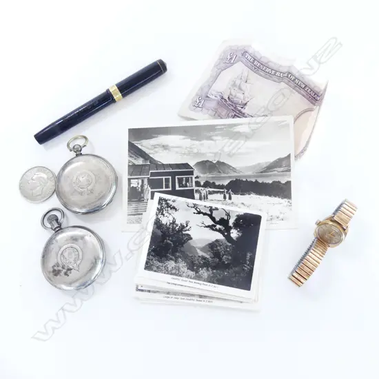 2 SILVER POCKET WATCHES + LADIES BIFORA WATCH + 1 POUND BANKNOTE + OLD PHOTOS & FOUNTAIN PEN