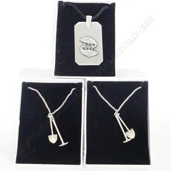 2 x RUSSELL MURPHY SILVER PENDANTS: 1 X PISCES + 2 X MINING THEMED shovel & pick