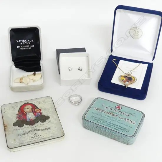 SILVER RING + PR SHARK'S TOOTH EARRINGS + ELVIS SILVER GILT PENDANT on chain + IVORY BUTTONS + PR DIAMOND? EARRINGS