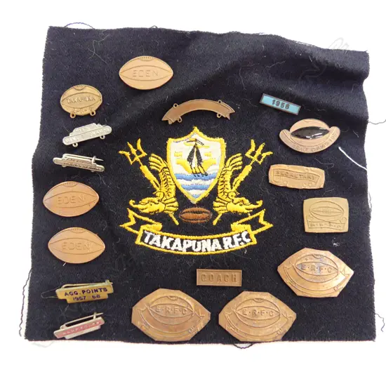 ASST. AUCKLAND RUGBY CLUB BADGES + TAKAPUNA BLAZER BADGE