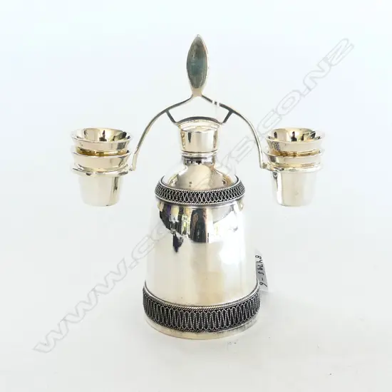 SILVER PLATE & FILIGREE VODKA SET, BOTTLE & 4 SHOT GLASSES, H.145mm