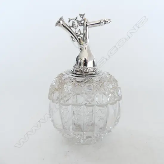 ANTIQUE CRYSTAL PERFUME BOTTLE w. STERLING ATOMISER H.165mm