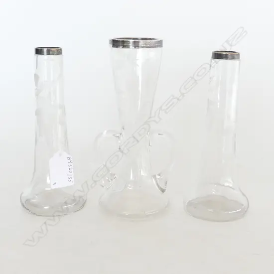 3 EDWARDIAN STERLING SILVER RIMMED ACID ETCHED SPILL VASES TALLEST 170MM