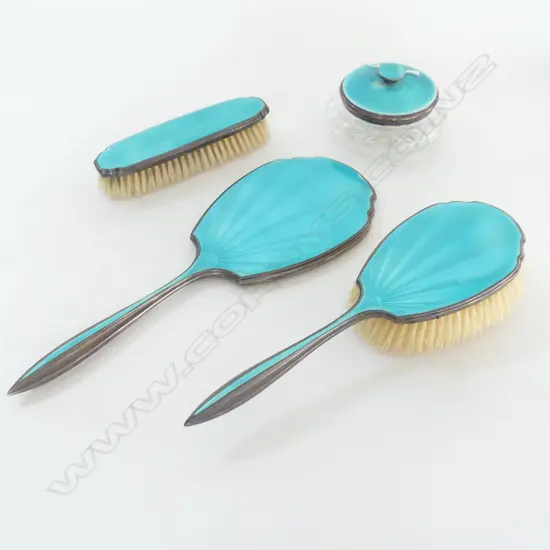 4 PC DRESSING TABLE SET, ST. SILVER & TURQUOISE GUILLOCHE ENAMEL, BIRM. 1928, (wear to lid)