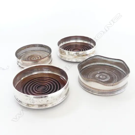 4 SILVER PLATE WINE COASTERS; PR 125mm dia + 2 SILVER OVER COPPER