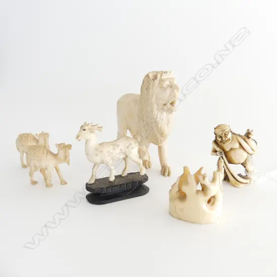 6 PCES IVORY; LION H.80mm, 2 CAMELS, GOAT, NESUKE MAN, OTHER