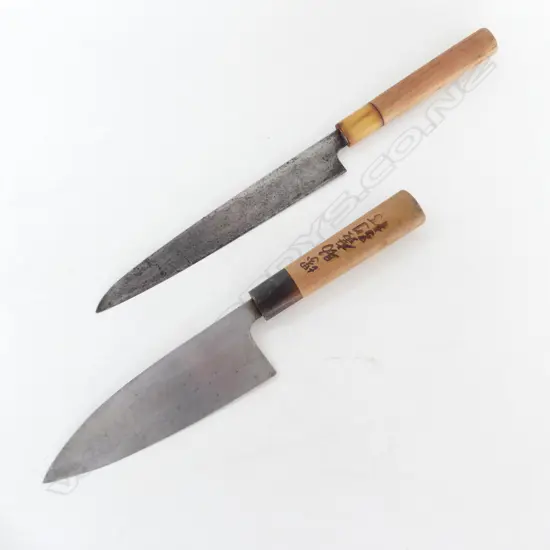2 QUALITY VINTAGE JAPANESE CHEFS KNIVES HAND FORGED ONE SIGNED 