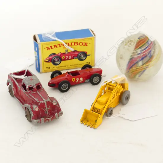 BOXED 73 MATCHBOX FERRARI UNBOXED BULLDOZER FUNHO MINI TRUCK & GIANT VINTAGE SWIRL MARBLE