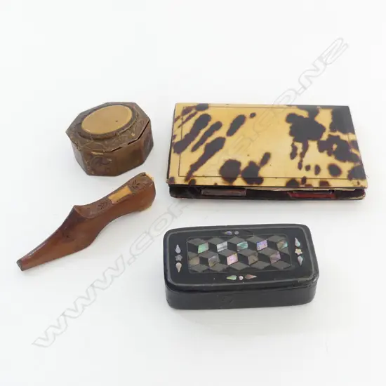 4 SMALL ANTIQUE BOXES: novelty shoe + ebonised snuff + French note pad + brass snuff box