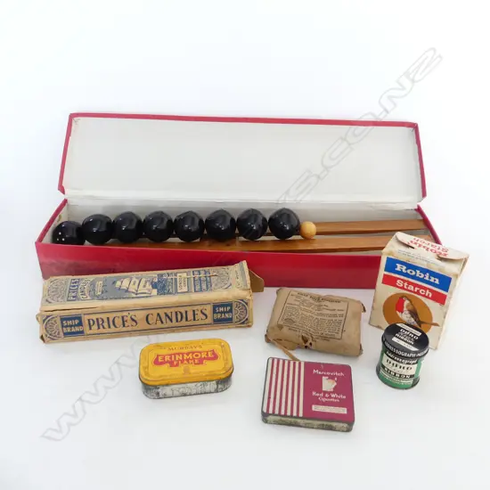 BOX OF COLLECTABLES: TABLE BOWLS + TINS + BANDAGE + candles + starch ETC