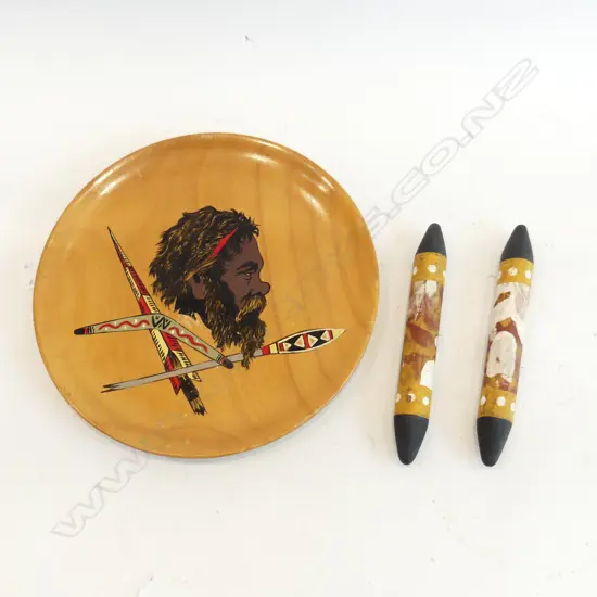 TWO ABORIGINAL MUSIC STICKS, TOGETHER WITH AN ABORIGINAL HAND PAINTED TREEN PLATE
