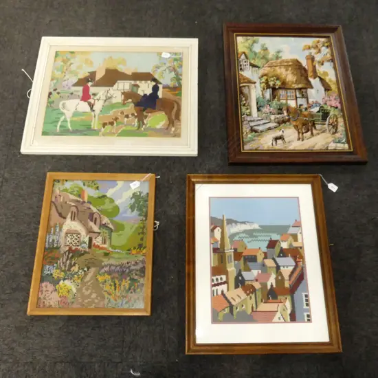4 FRAMED NEEDLEWORK ARTWORKS; VILLAGE SCENES 565x415mm