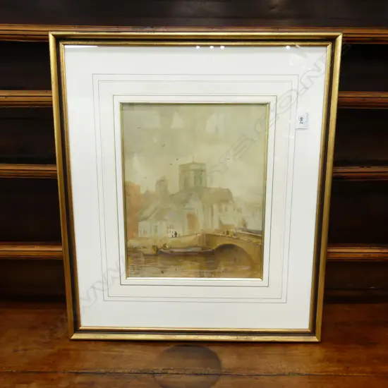 BLYTHE FLETCHER WC, TOWNSCAPE WITH CHURCH & RIVER, 345x270mm