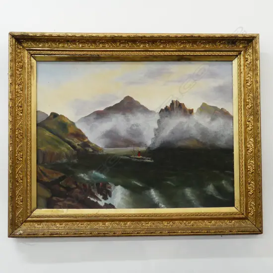 ELLEN PEAT, STEAMSHIP IN LANDSCAPE, ACRYLIC ON BOARD, 450x610mm