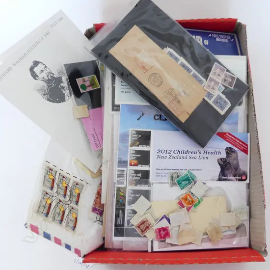 BOX ASST. LOOSE STAMPS, FIRST DAY COVERS ETC